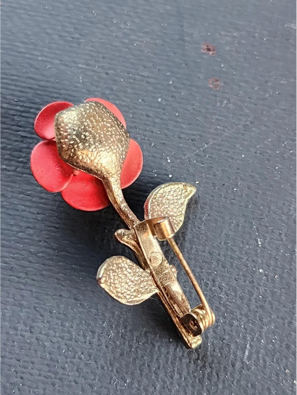 Red Rose Enamel Brooch, Vintage Gold Stem Flower Lapel Pin Jewelry Gift for Her